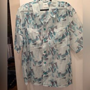 Zara Men's Geometric Pattern Shirt - Blue and Gray plastic mesh